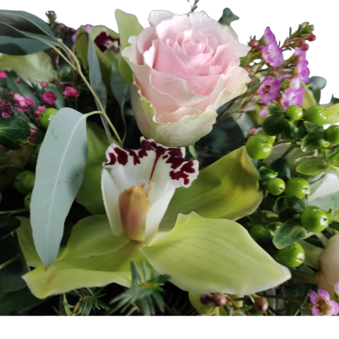 Compoziție florală cu orhideea cymbidium, trandafiri, wax flowers și hypericum [1]