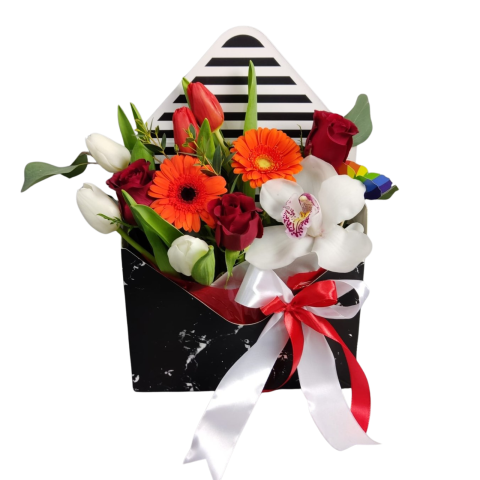 1-8 MARTIE - Compoziție tip plic cu lalele, orhidee, trandafiri și minigerbere