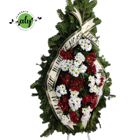 Coroană funerară 2D crizanteme grena și albe [1]