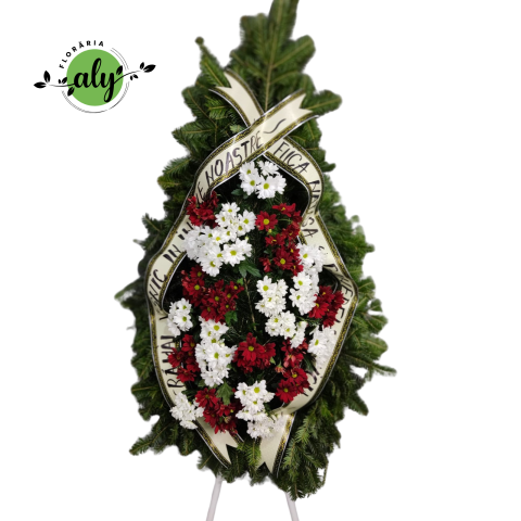 COROANE NATURALE - Coroană funerară 2D crizanteme grena și albe