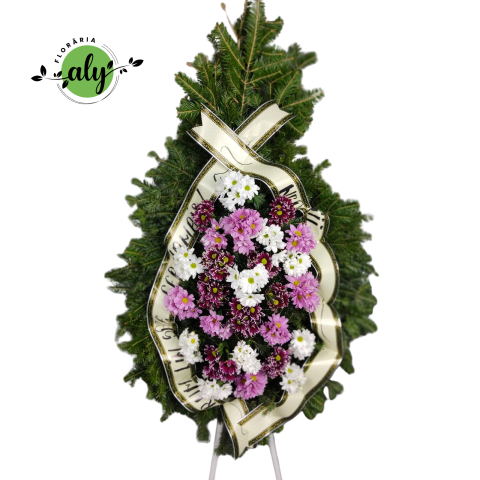 COROANE NATURALE - Coroană funerară 2D crizanteme mov, albe și roz