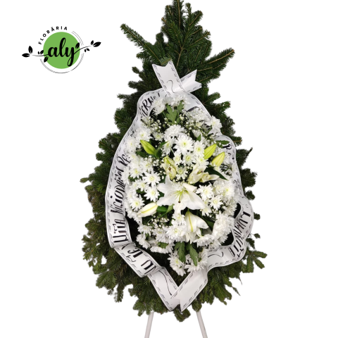 COROANE NATURALE - Coroană funerară 3D crizanteme și crini imperiali albi