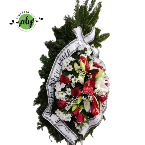 Coroană funerară 3D cu trandafiri, anthurium, gerbera și crizanteme [1]