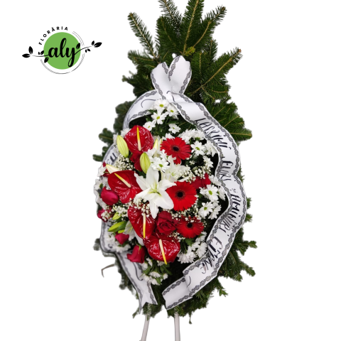 Coroană funerară 3D cu trandafiri, anthurium, gerbera și crizanteme [2]