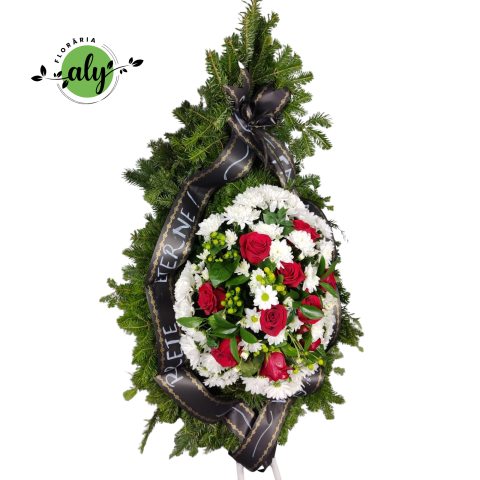 Coroană funerară 3D cu trandafiri, hypericum, crizanteme și ruscus [1]