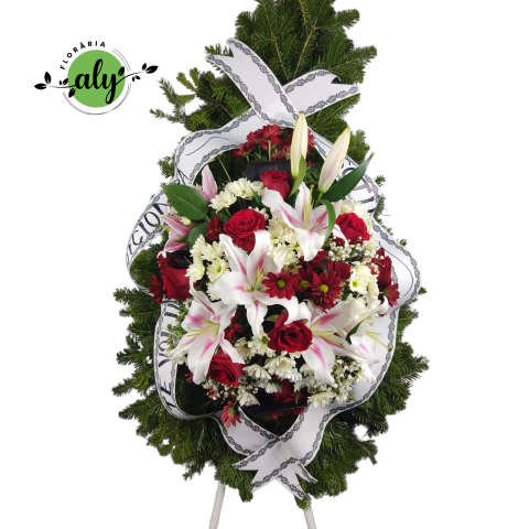 COROANE NATURALE - Coroană funerară 3D cu trandafiri roșii, crizanteme și crin imperial