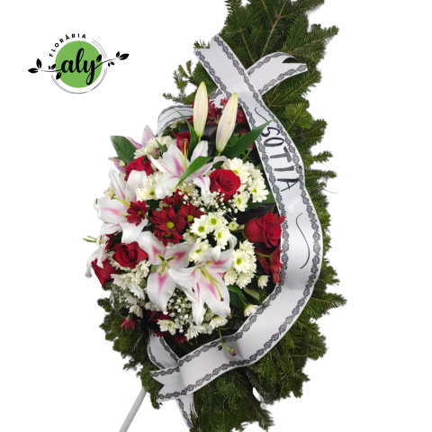 Coroană funerară 3D cu trandafiri roșii, crizanteme și crin imperial [1]