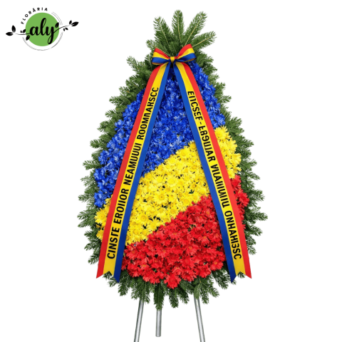 FUNERARE - Coroană funerară cu crizanteme tricolor ”Ziua Eroilor”