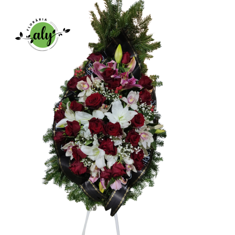 COROANE NATURALE - Coroană funerară Premium 3D trandafiri, orhideea cymbidium, crin imperial, hypericum