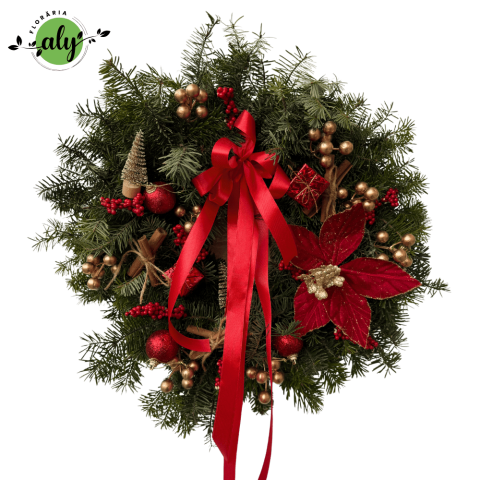 DE SEZON - Coroniță din brad natural cu accesorii roșii