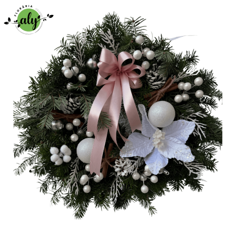 DE SEZON - Coroniță de ușă în nuanțe de alb cu fundiță roz pal