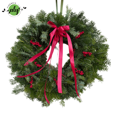 DE SEZON - Coroniță simplă de brad în nuanțe de roșu cu fundiță și bobițe de ilex