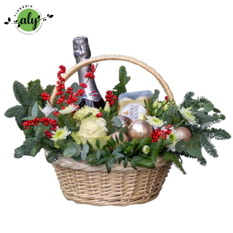 COȘURI MIXTE - Coș de Crăciun cu Martini, Ferrero, brad argintiu și flori naturale