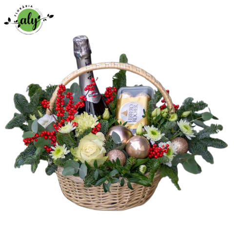 Coș de Crăciun cu Martini, Ferrero, brad argintiu și flori naturale [1]