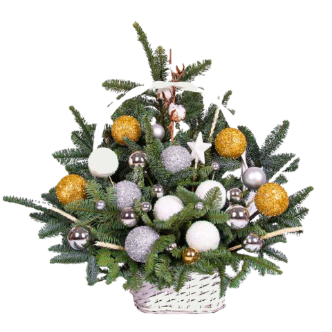 CUTII FLORI MIXTE - Coș Oval de Crăciun cu Brad Argintiu și Accente Aurii