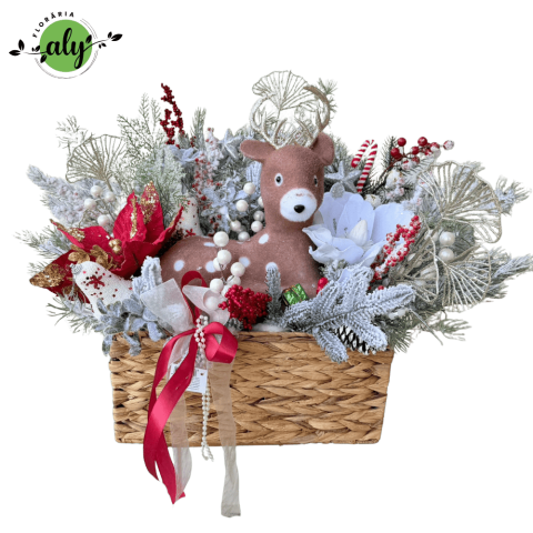 ARANJAMENTE DE CRĂCIUN - Decorațiune de Crăciun în coș dreptunghiular cu figurină cerb