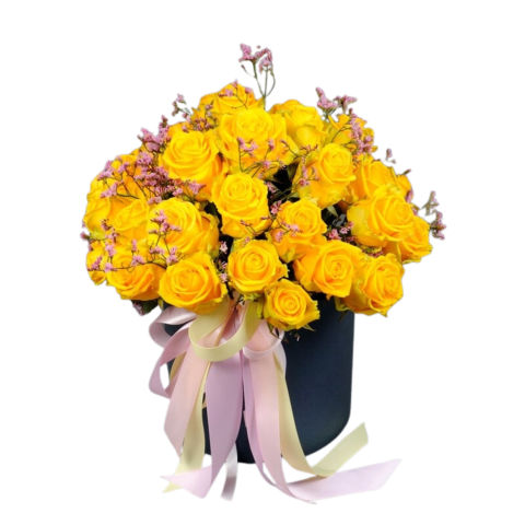 CUTII CU TRANDAFIRI - Cutie cilindru cu trandafiri galbeni și limonium