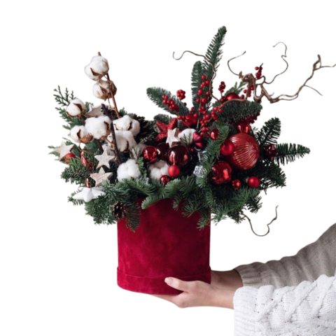 CUTII FLORI MIXTE - Cutie de Crăciun Catifelată cu Brad Argintiu și Flori de Mătase