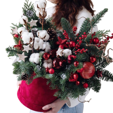 Cutie de Crăciun Catifelată cu Brad Argintiu și Flori de Mătase [1]