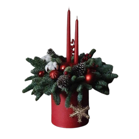 CRĂCIUN ȘI ANUL NOU - Aranjament de Crăciun în Cutie Cilindru cu Brad Argintiu și Lumânări