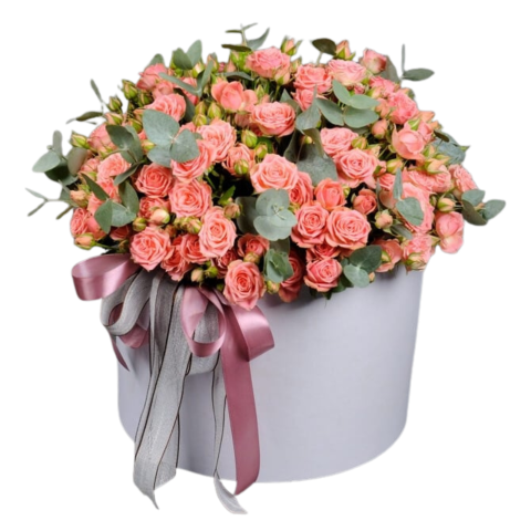CUTII CU TRANDAFIRI - Cutie DeLuxe cu minirose roz și eucalipt