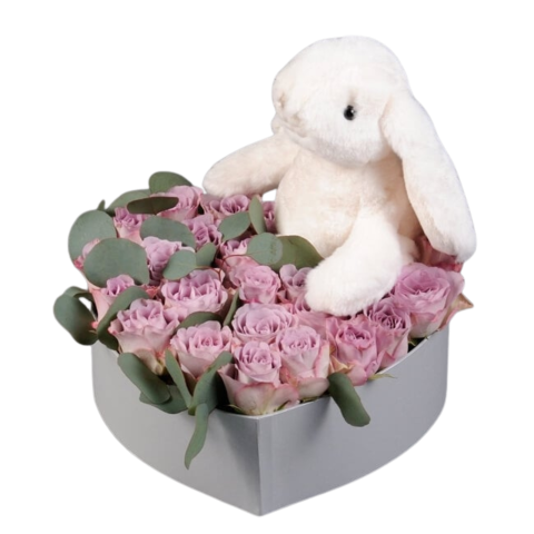 CUTII CU TRANDAFIRI - Cutie inimă cu trandafiri și jucărie de pluș