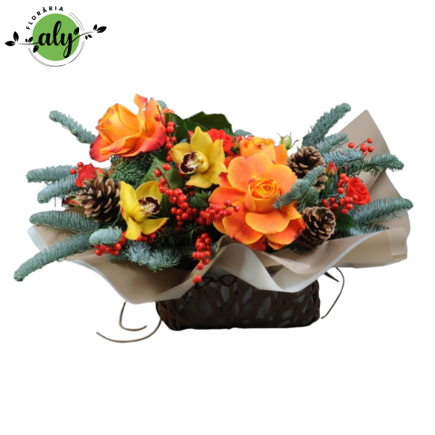 CUTII FLORI MIXTE - Coș cu flori și brad argintiu