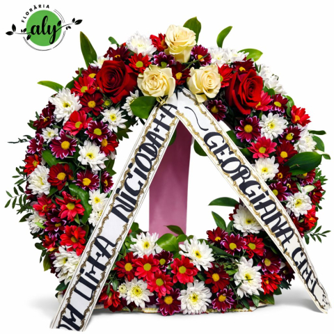 FUNERARE - Jerbă funerară din crizanteme și 5 trandafiri