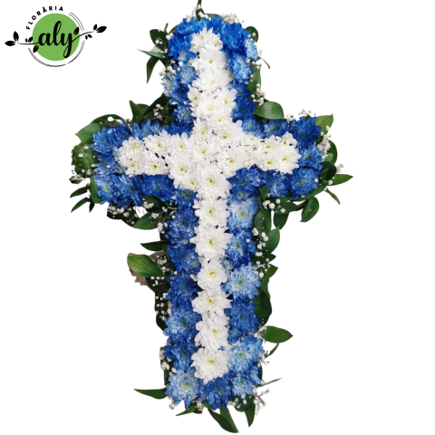 Jerbă funerară în formă de cruce, crizanteme albe și albastre vopsite