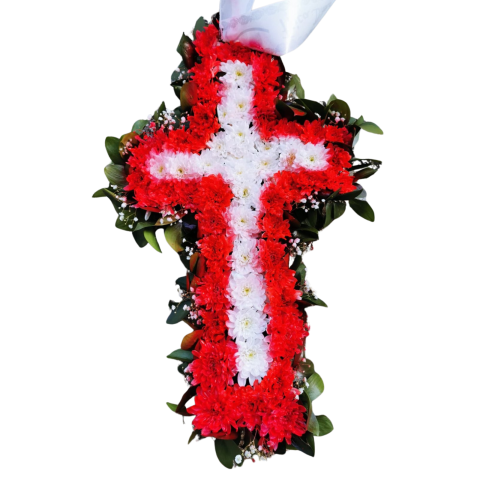 Jerbă funerară în formă de cruce, crizanteme albe și roșii vopsite [1]