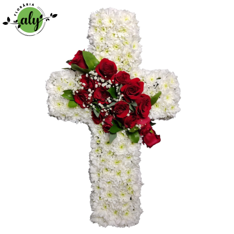 Jerbă funerară în formă de cruce cu trandafiri roșii și crizanteme albe