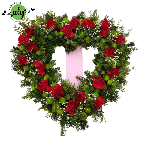 JERBE FLORI NATURALE - Jerbă funerară în formă de inimă cu santini feeling green și garoafe roșii