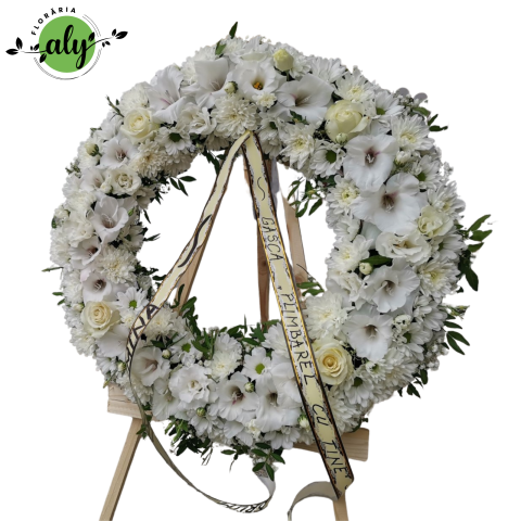 Jerbă funerară rotundă cu flori albe și stativ de lemn