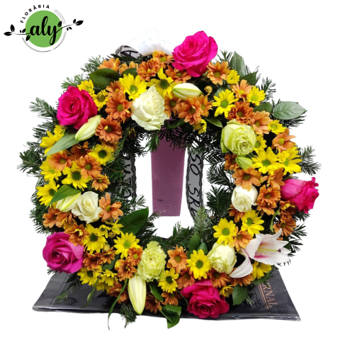 Jerbă funerară rotundă cu trandafiri, crin imperial și crizanteme
