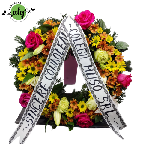 Jerbă funerară rotundă cu trandafiri, crin imperial și crizanteme [2]