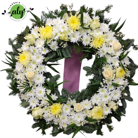 Jerbă funerară rotundă cu trandafiri și crizanteme