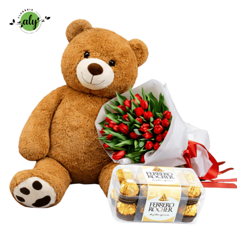 Pachet Buchet de lalele+Urs de pluș+Praline