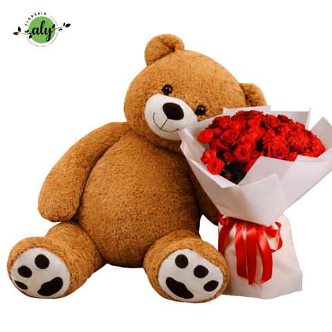 1-8 MARTIE - Pachet ”Pure Love” Urs gigant și Buchet 35 trandafiri roșii