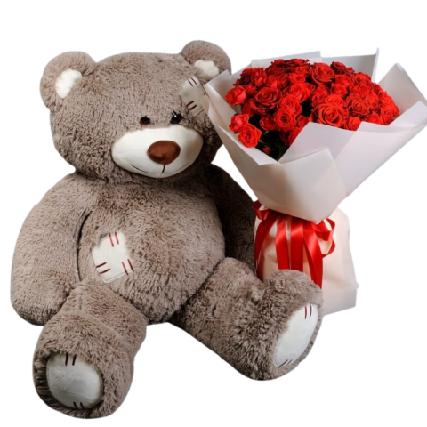1-8 MARTIE - Pachet ”Pure Love” Urs gigant și Buchet 35 trandafiri roșii