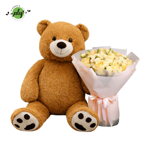 1-8 MARTIE - Pachet Urs gigant și Buchet trandafiri și minirose