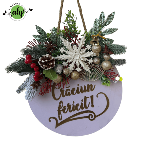 ARANJAMENTE DE CRĂCIUN - Panou decorativ tip coroniță „Crăciun Fericit” – Nuanțe de mov lavandă și decor de iarnă