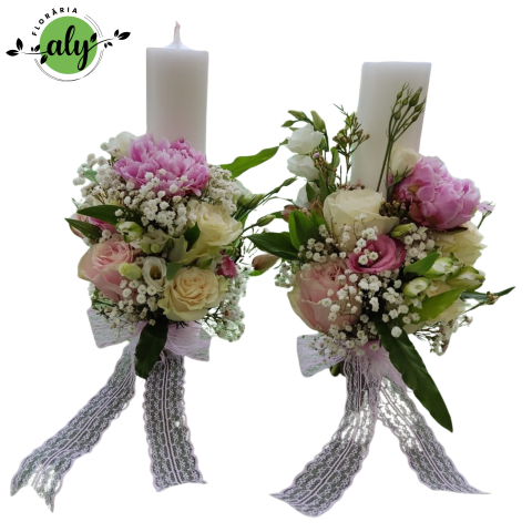 Set Lumânări de cununie cu bujori, trandafiri și wax flowers