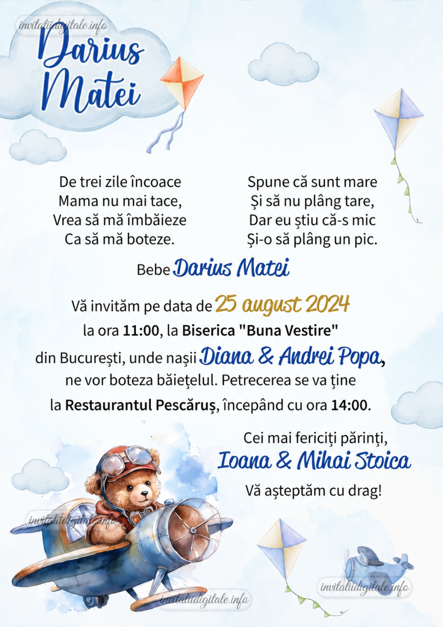 Set complet botez băiețel personalizat Ursuleț Aviator Bleu – invitații, plicuri și cutie de dar [3]