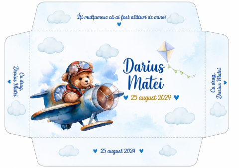 Set complet botez băiețel personalizat Ursuleț Aviator Bleu – invitații, plicuri și cutie de dar [1]