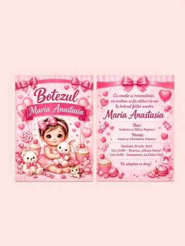 Botez - Invitație de Botez pentru Fetiță – Model Teddy Roz Personalizată