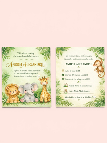 Botez - Invitație Botez Safari Personalizată – Model Animăluțe Junglă