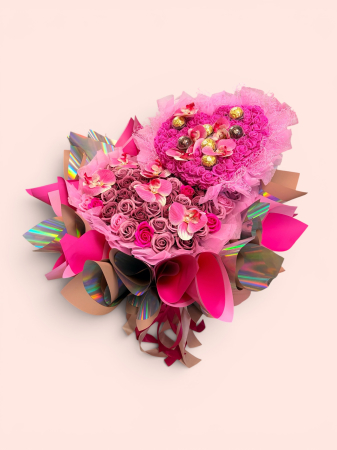 Inima Dulce by Florăria La Cireșica – Buchet cu Trandafiri Roz, Orhidee și Ferrero Rocher [1]