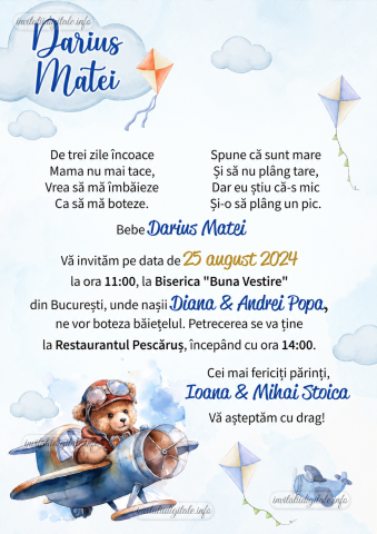 Set complet botez băiețel personalizat Ursuleț Aviator Bleu – invitații, plicuri și cutie de dar [2]