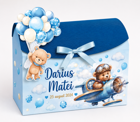 Botez - Set complet botez băiețel personalizat Ursuleț Aviator Bleu – invitații, plicuri și cutie de dar