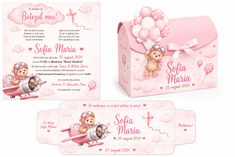 Botez - Set Complet Botez Fetiță Personalizat Ursuleț Aviator Roz – Invitații, Plicuri și Cutie de Dar